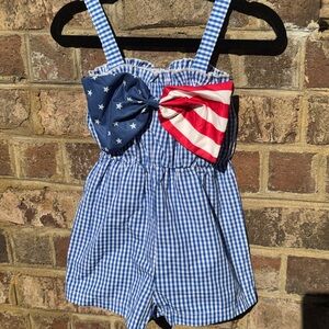 Girls' Blue Gingham One-Piece Romper with Stars & Stripes Bow